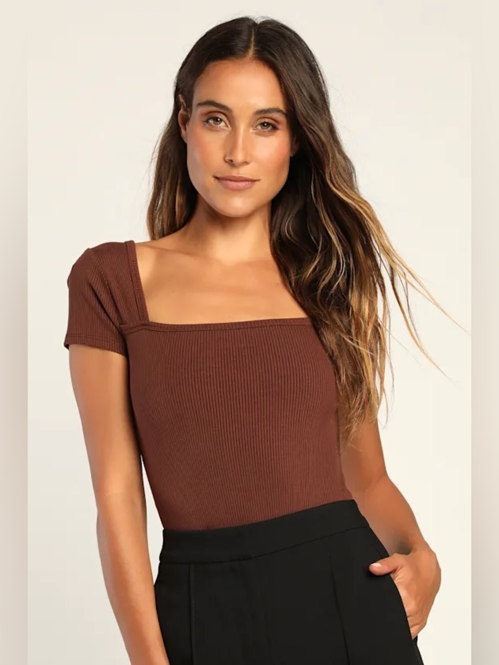 Lulus Always Confident Brown Ribbed Square Neck Short Sleeve Bodysuit, size L